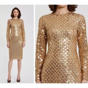 Mac Duggal 94123 Gold Size 10 Beaded Georgette Midi Dress Long Sleeve Fitted NWT